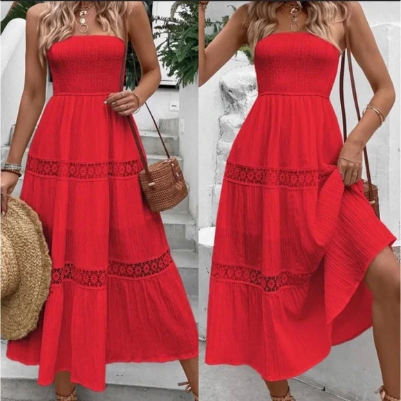Dresses | Boho Red Lace Insert Tube Maxi Dress | Poshmark